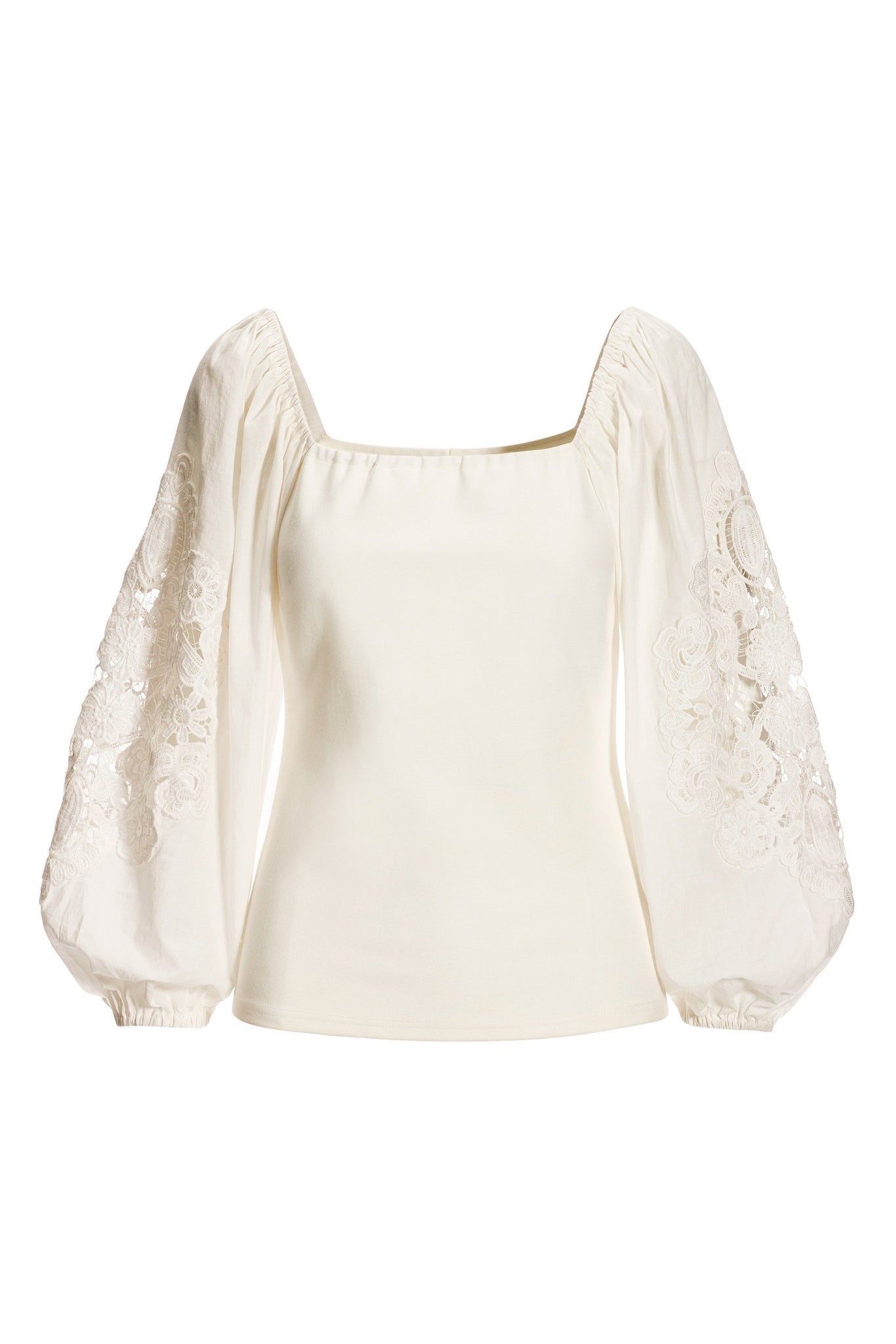 Embroidered Sleeve Ponte Square Neck Top Off White