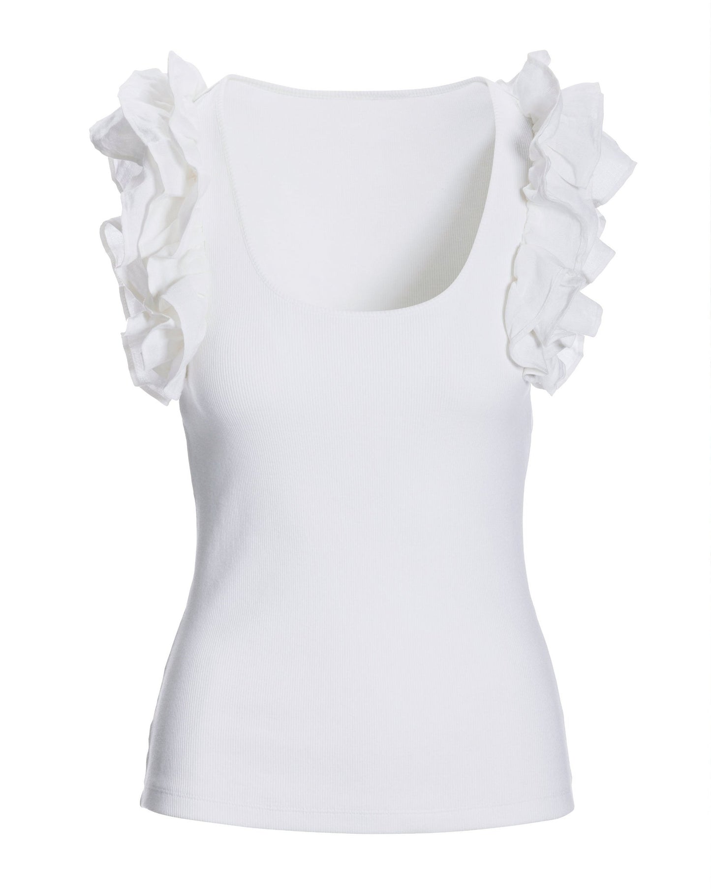 Linen Ruffle Ribbed Top White