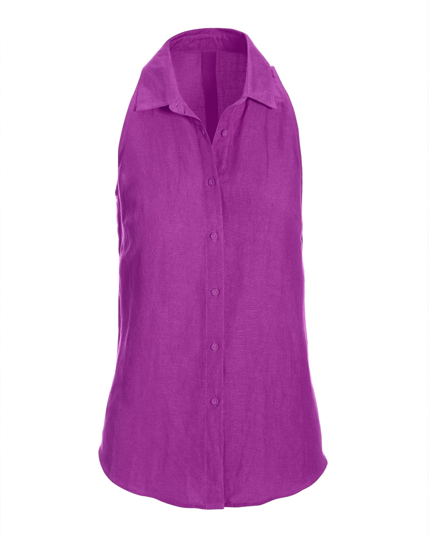 Linen Sleeveless Button-Front Shirt Purple Cactus Flower