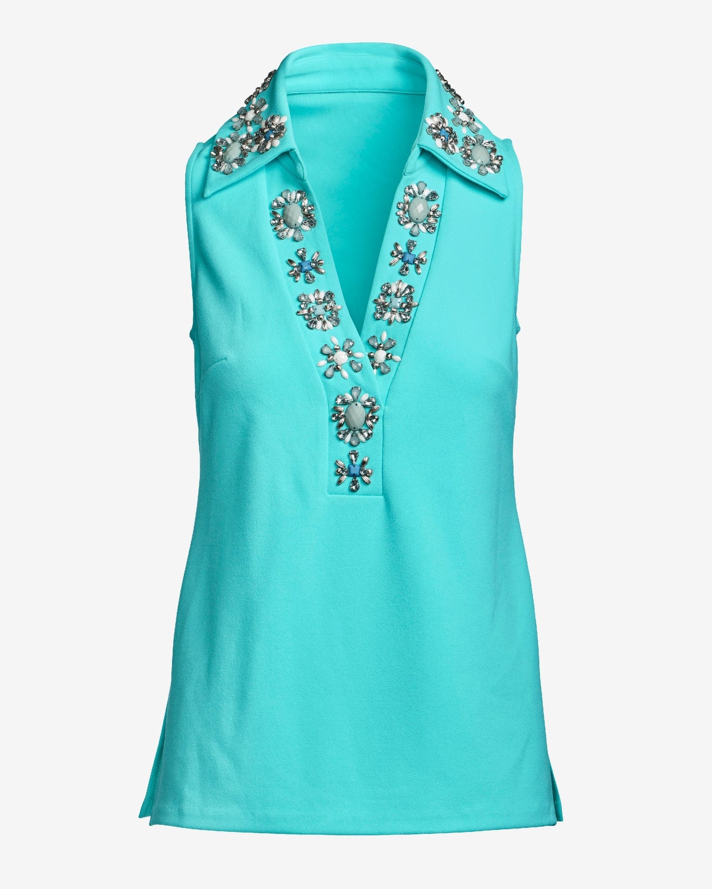 Collared Embellished Knit Top Aqua Splash