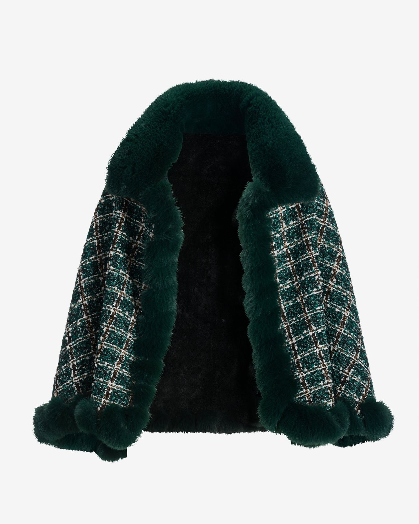 Faux Fur Trim Tweed Shawl Deep Emerald