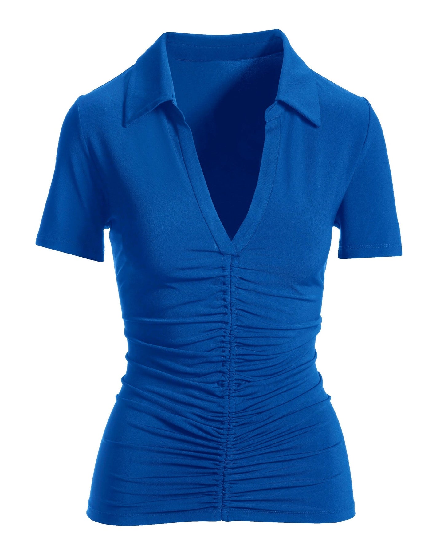 So Chic Collared Ruched Short Sleeve Top Dazzling Blue