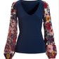 Floral Embroidered Sleeve V Neck Top Navy Multi