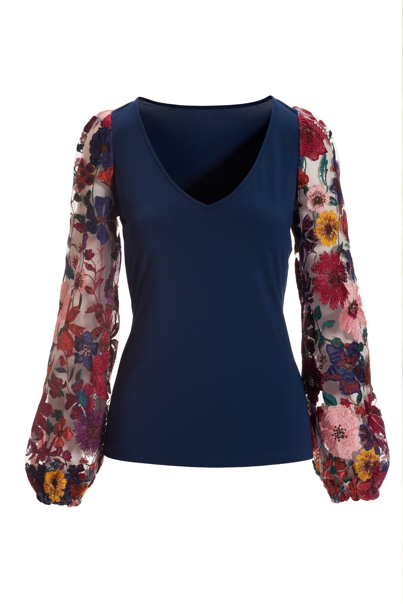 Floral Embroidered Sleeve V Neck Top Navy Multi