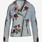 Floral Embroidered Studded Denim Moto Jacket Light Wash