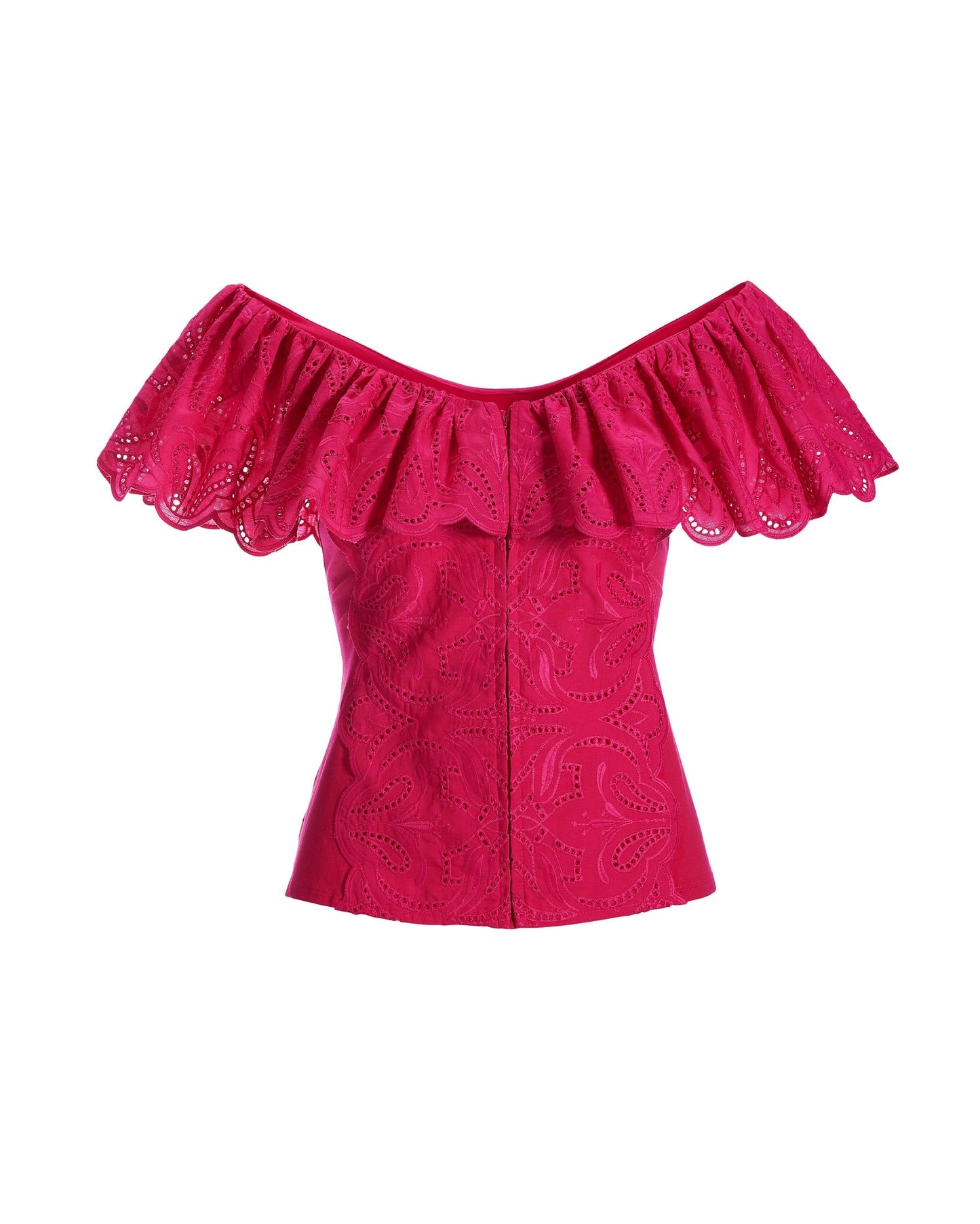 Eyelet Ruffle Zip-Up Top Raspberry