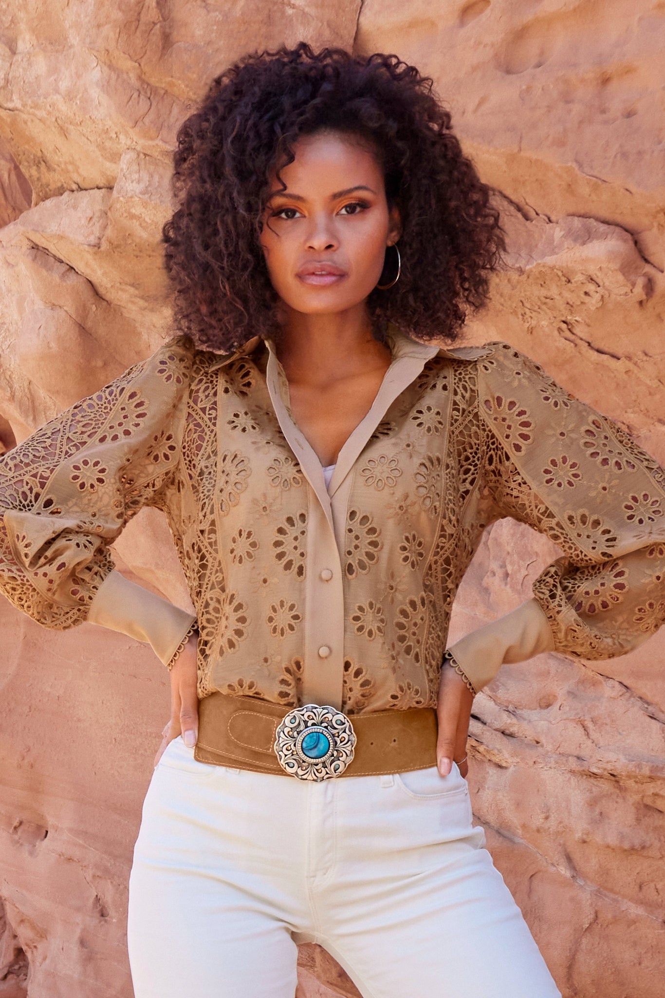 Leather Round Stone Belt Cognac Multi