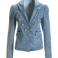 Puff-Sleeve Double-Breasted Denim Blazer Light Med Wash