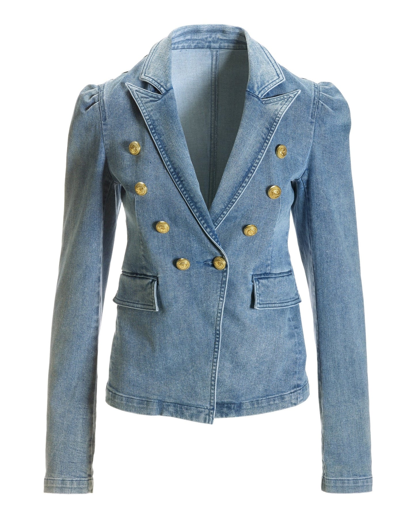 Puff-Sleeve Double-Breasted Denim Blazer Light Med Wash