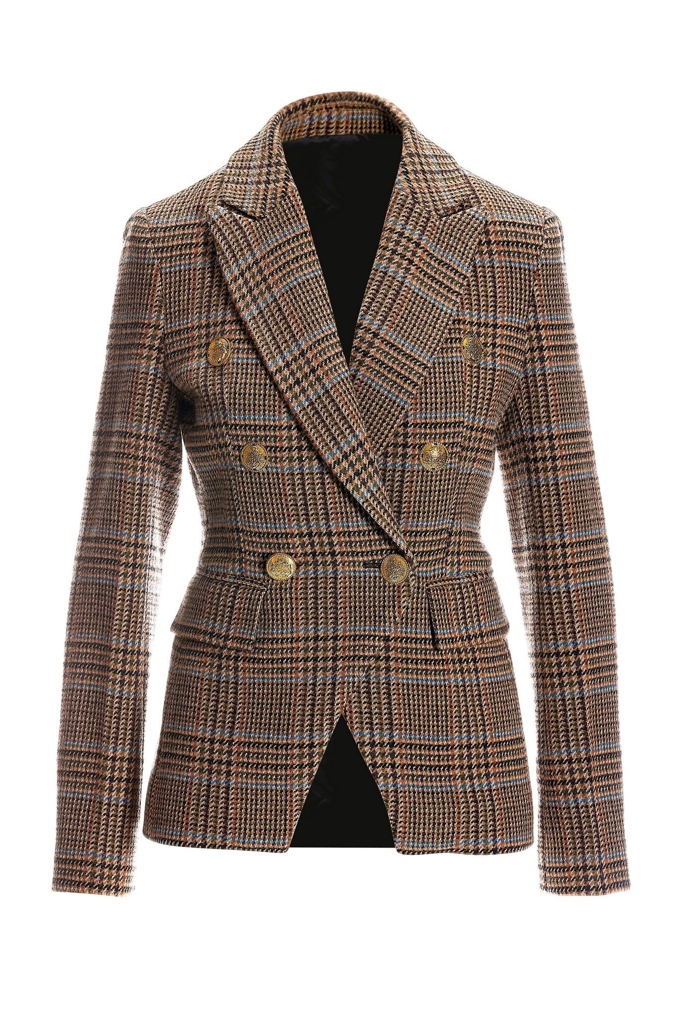 Plaid Modern Double Breasted Blazer Brown Multi