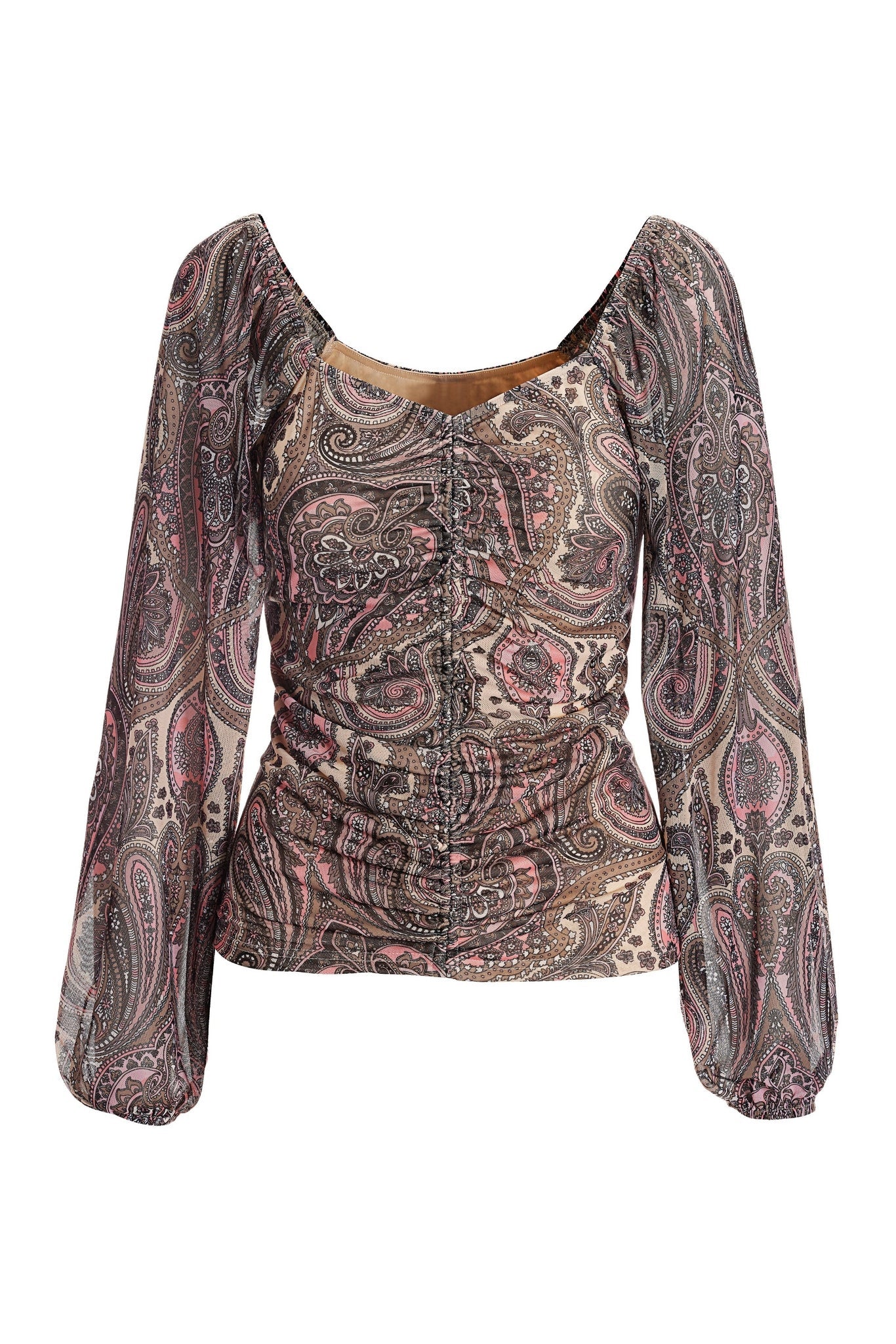 Paisley Boho Ruched Knit Top Pink Multi