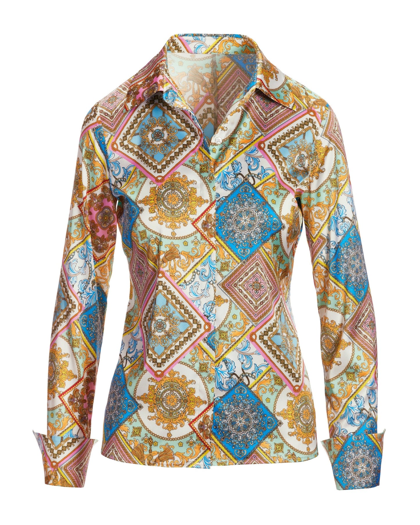Patchwork Status Sophia Button Up Charmeuse Blouse Multi