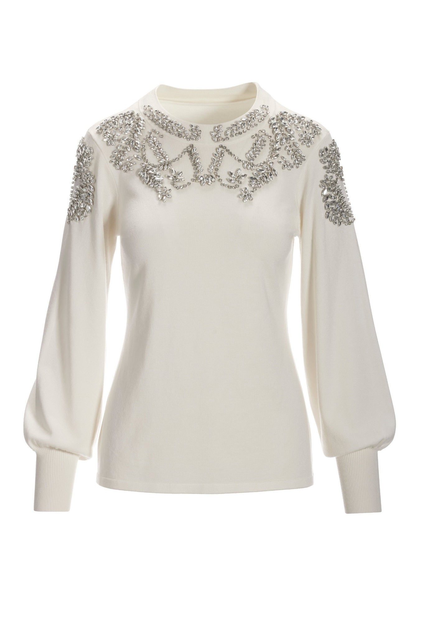 Jeweled Embellished Mock-Neck Sweater Off White