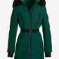 Faux Fur Trim Shaped Belted Puffer Jacket Emerald