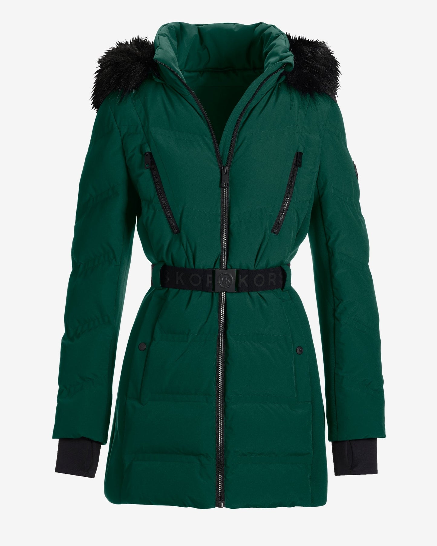 Faux Fur Trim Shaped Belted Puffer Jacket Emerald