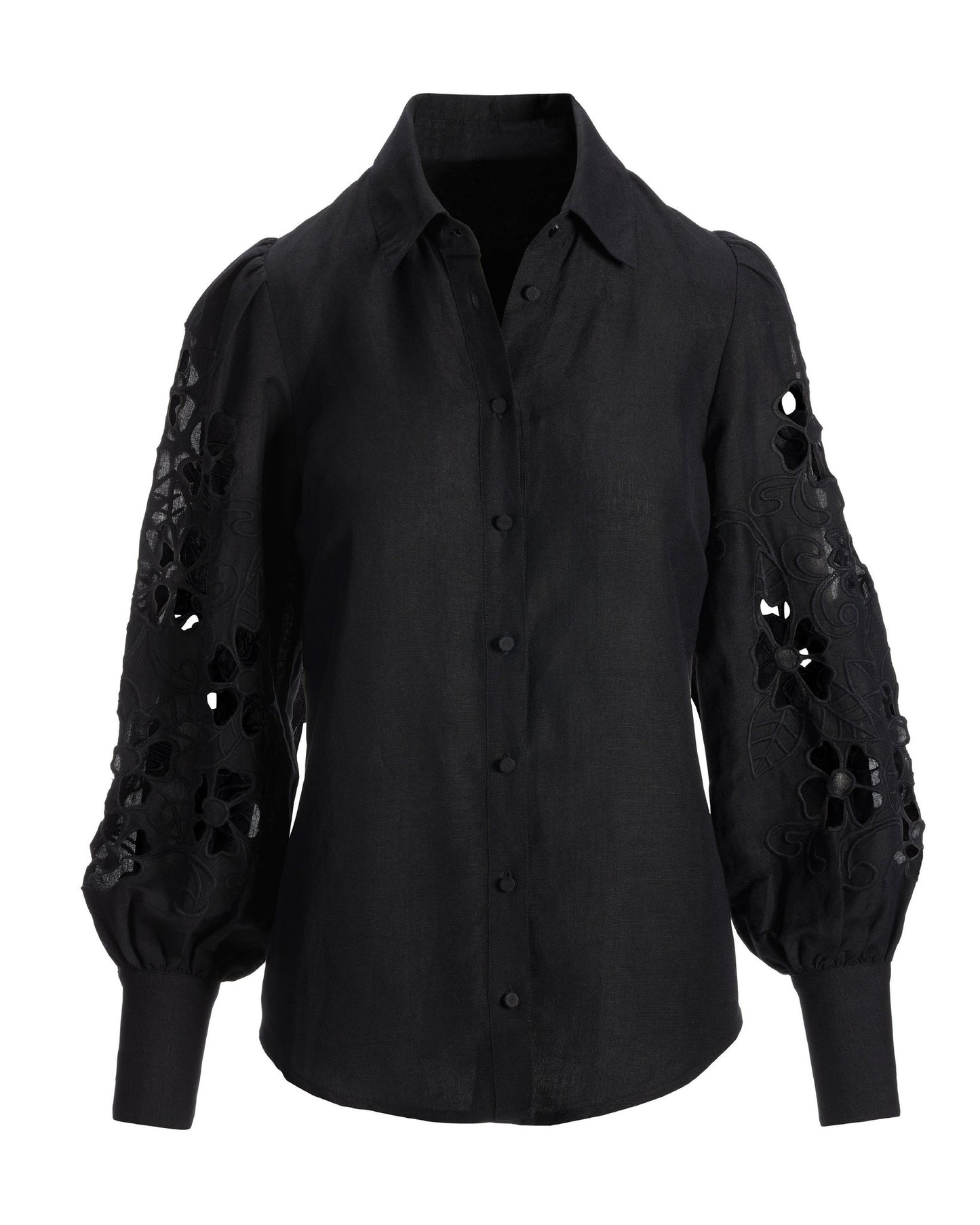 Openwork Embroidered Linen Button-Up Shirt Black