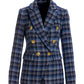 Plaid Tweed Double Breasted Blazer Blue Multi