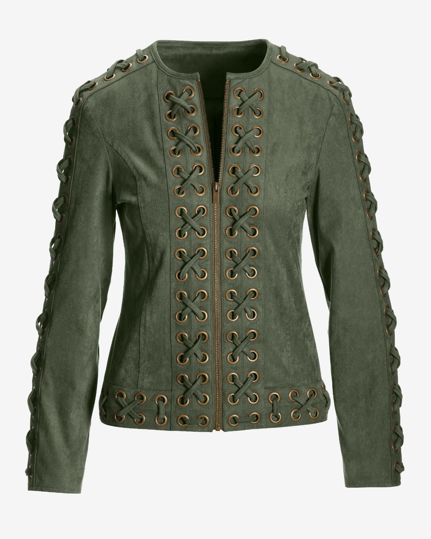 Faux Suede Grommet Lace-Up Jacket Olive