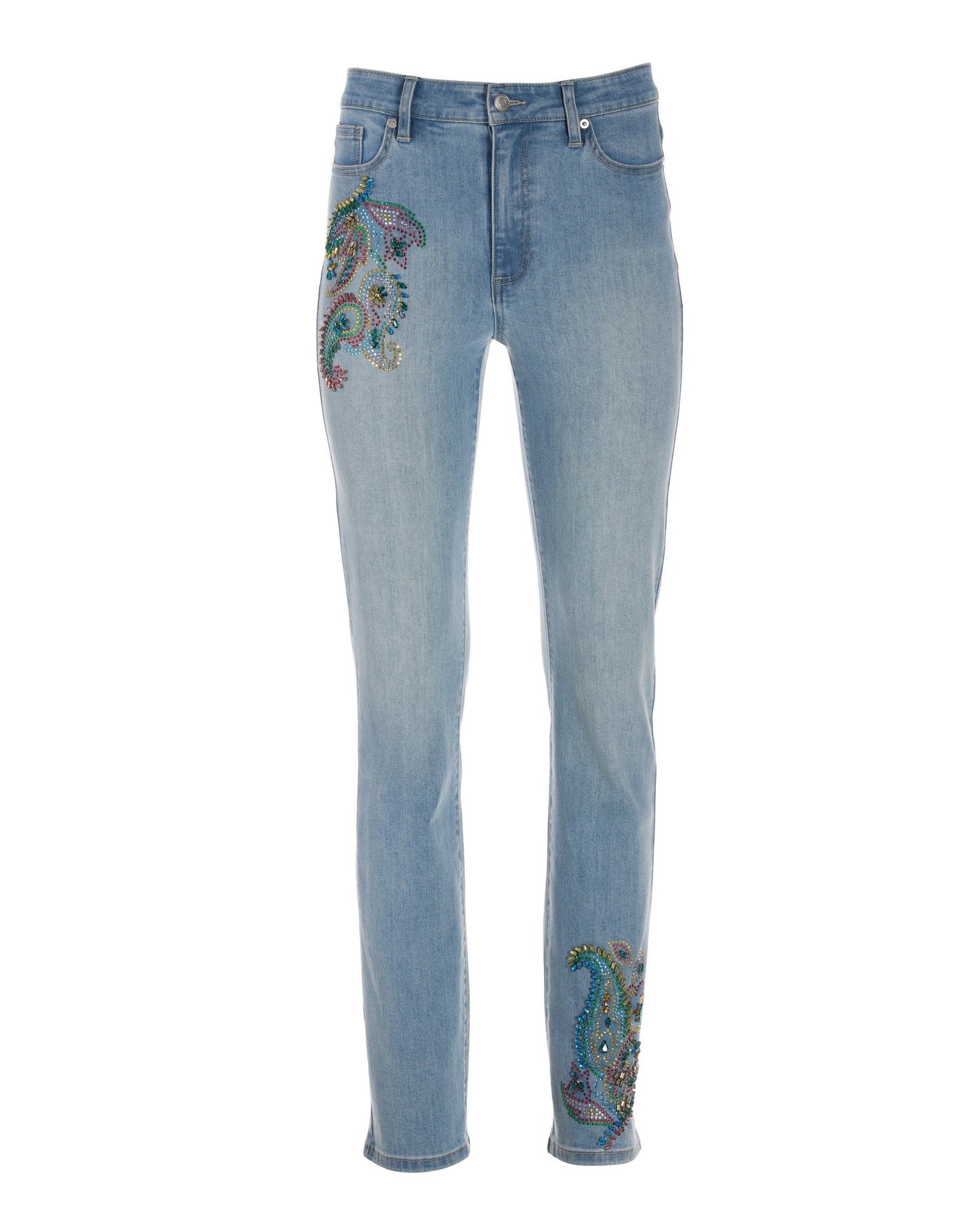 Bright Paisley Embellished Slim Straight-Leg Ankle Jean Light Denim
