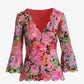 Printed V Neck Scallop Lace Top Pink Multi