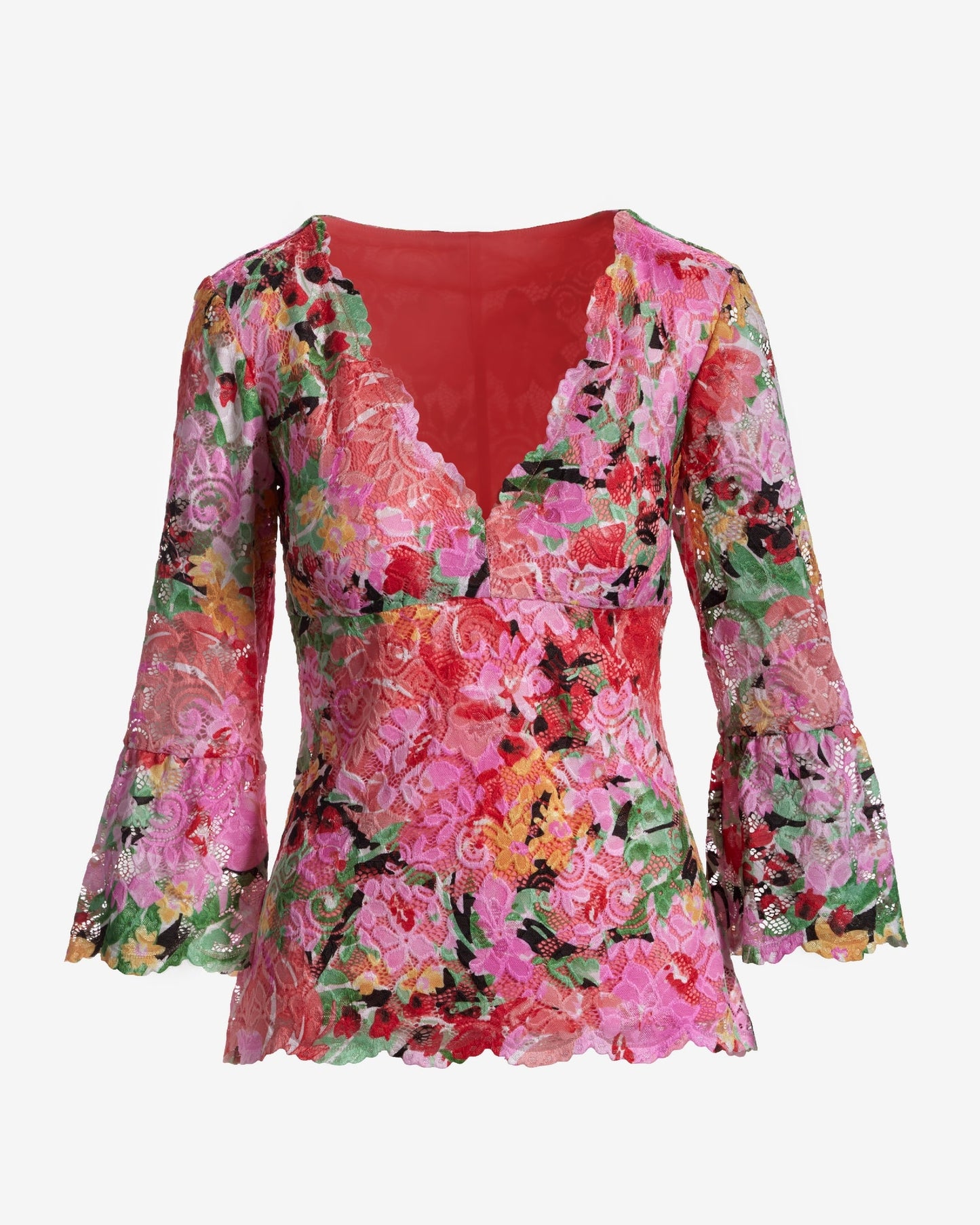 Printed V Neck Scallop Lace Top Pink Multi