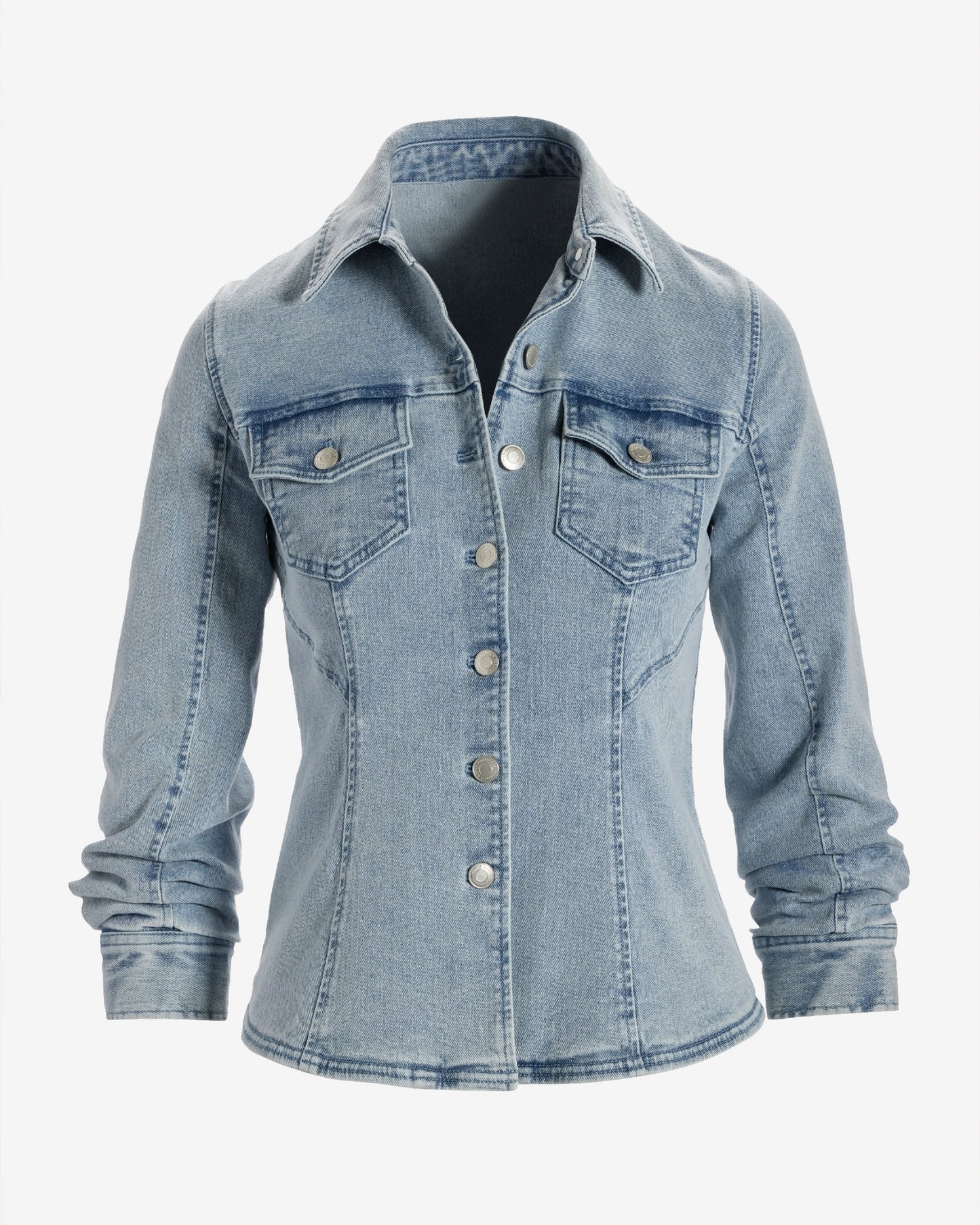 Ruched Sleeve Shaped Denim Jacket Light Wash