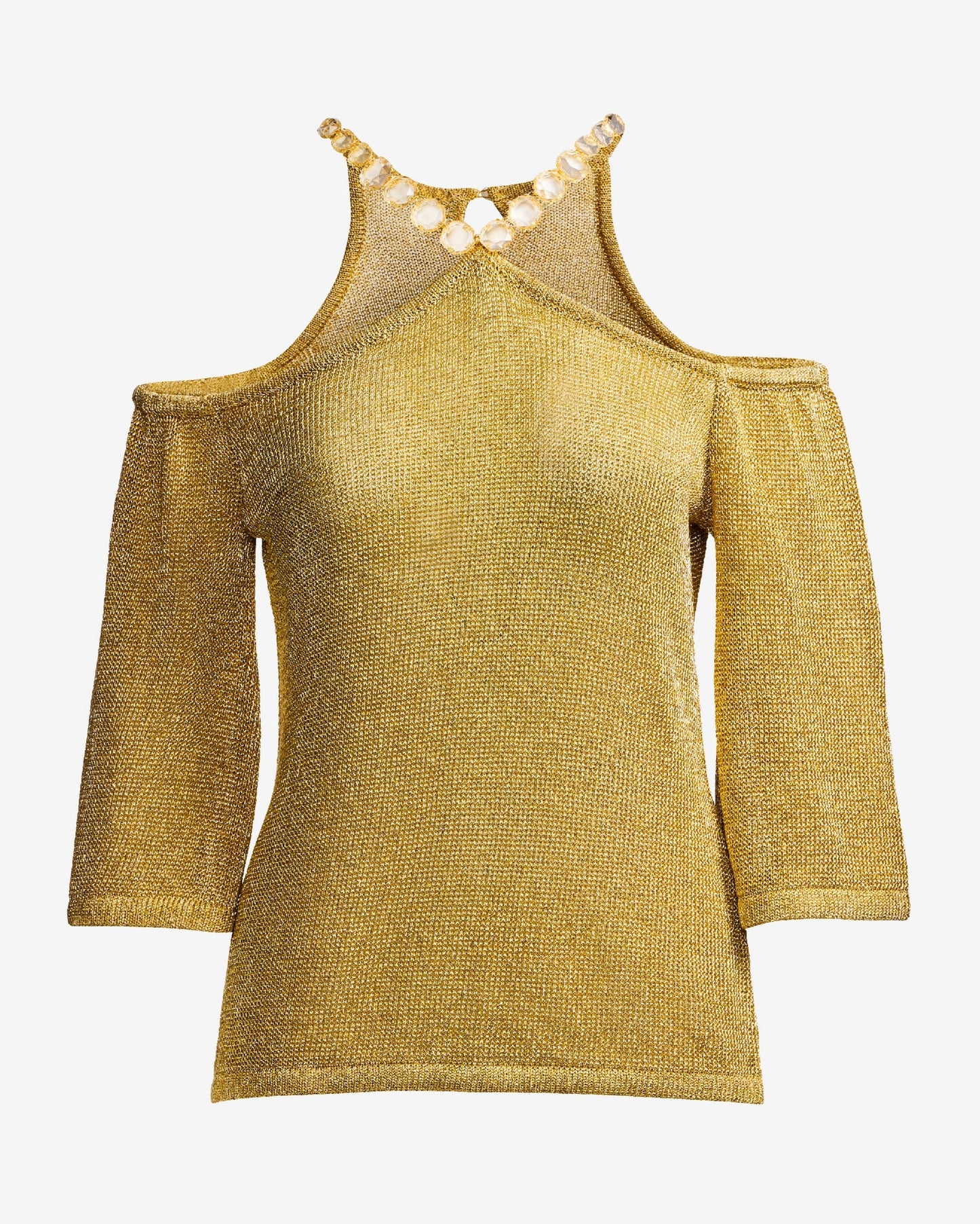 Metallic Cold Shoulder Embellished Sweater Gold