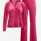 Chic Velour Collared V Neck Wide Leg Pant Set Pink