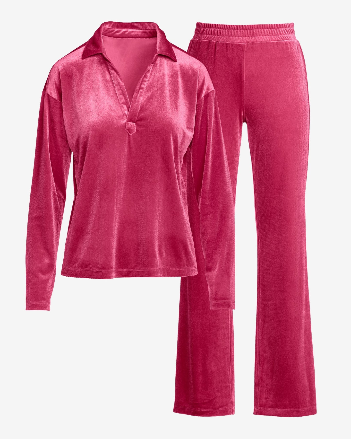 Chic Velour Collared V Neck Wide Leg Pant Set Pink