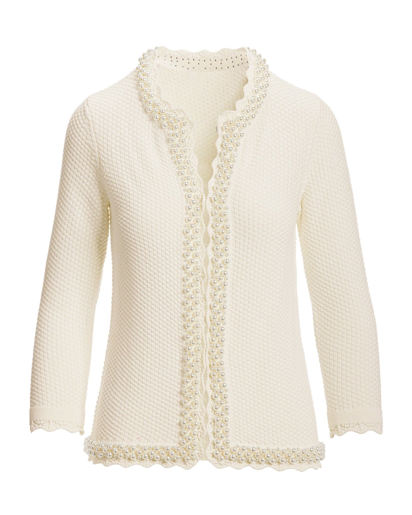 Pearl Trim Textured Cardigan Off White