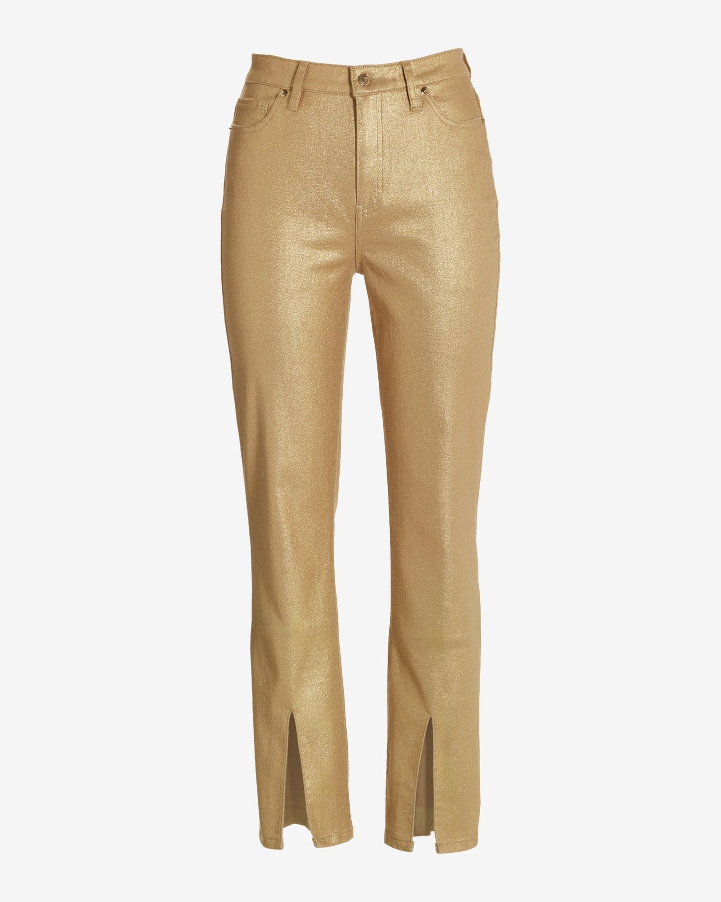 Newport High Rise Slit Front Coated Slim Straight Jean Gold