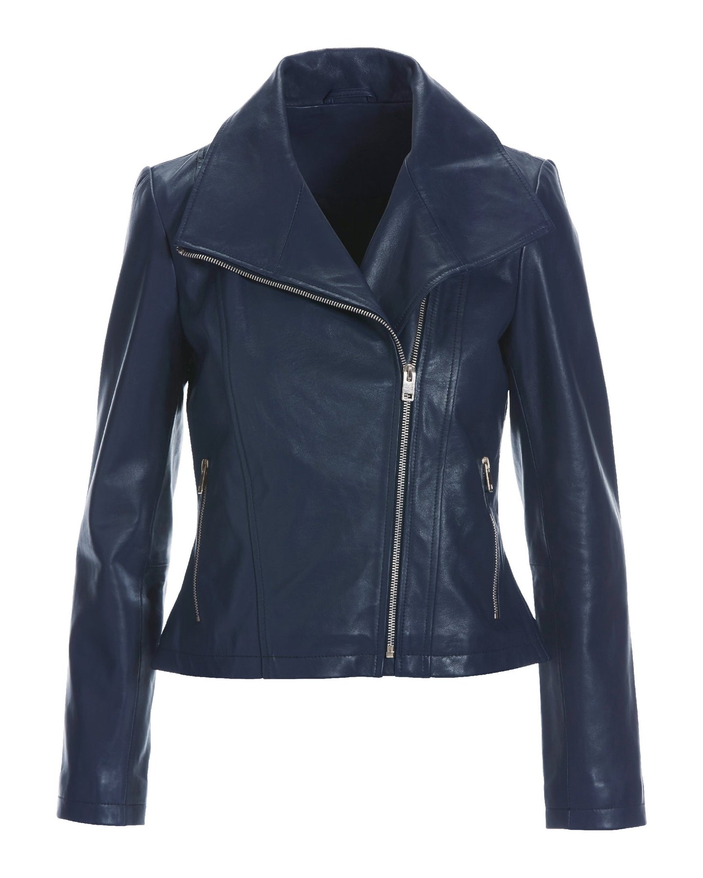 Leather Collared Moto Jacket Navy