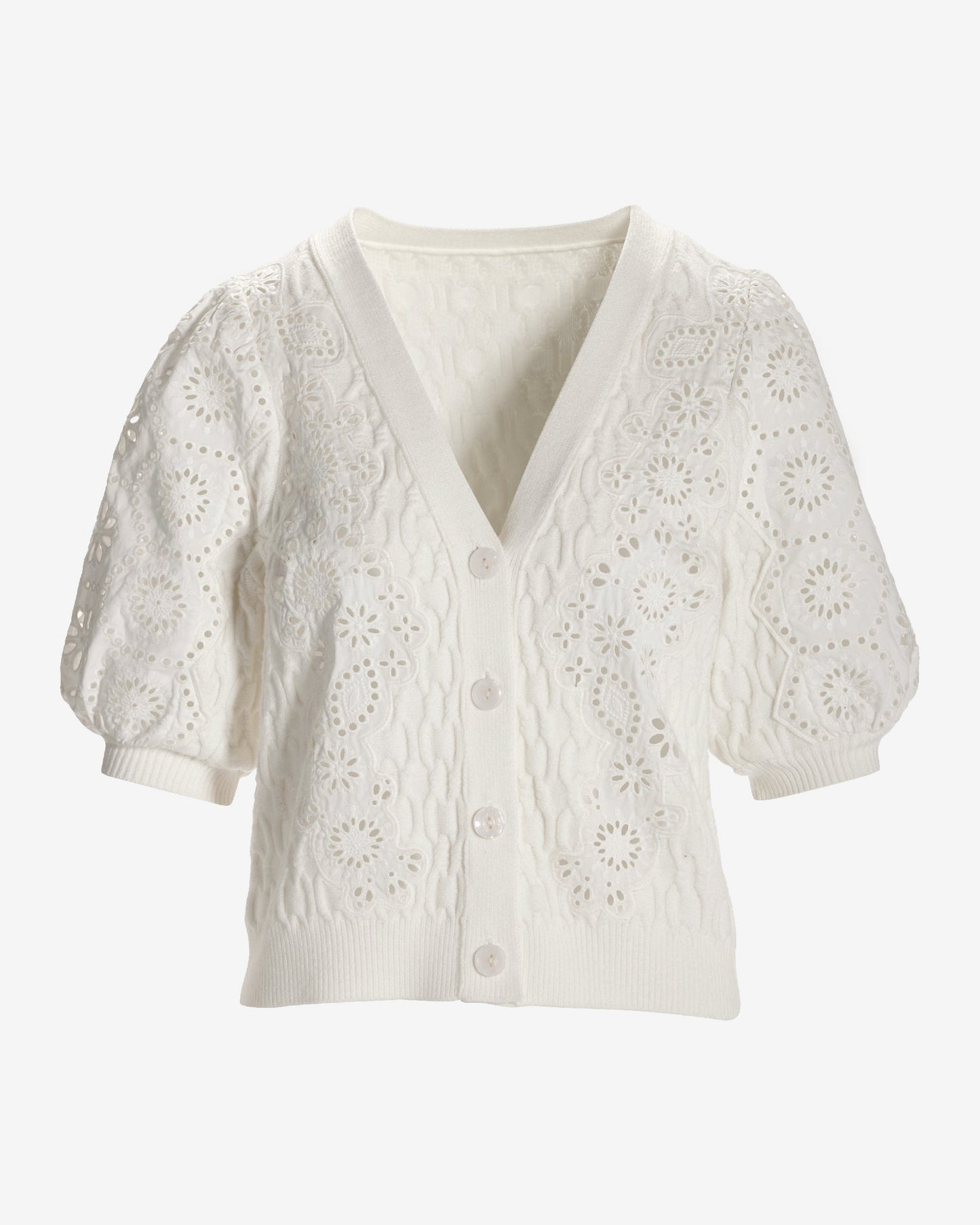 Eyelet Cable Button Up Cardigan Sweater Off White