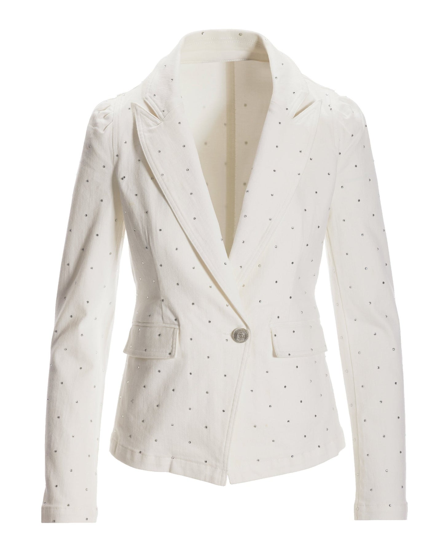 Rhinestone Embellished Puff Sleeve Single Button Denim Blazer White