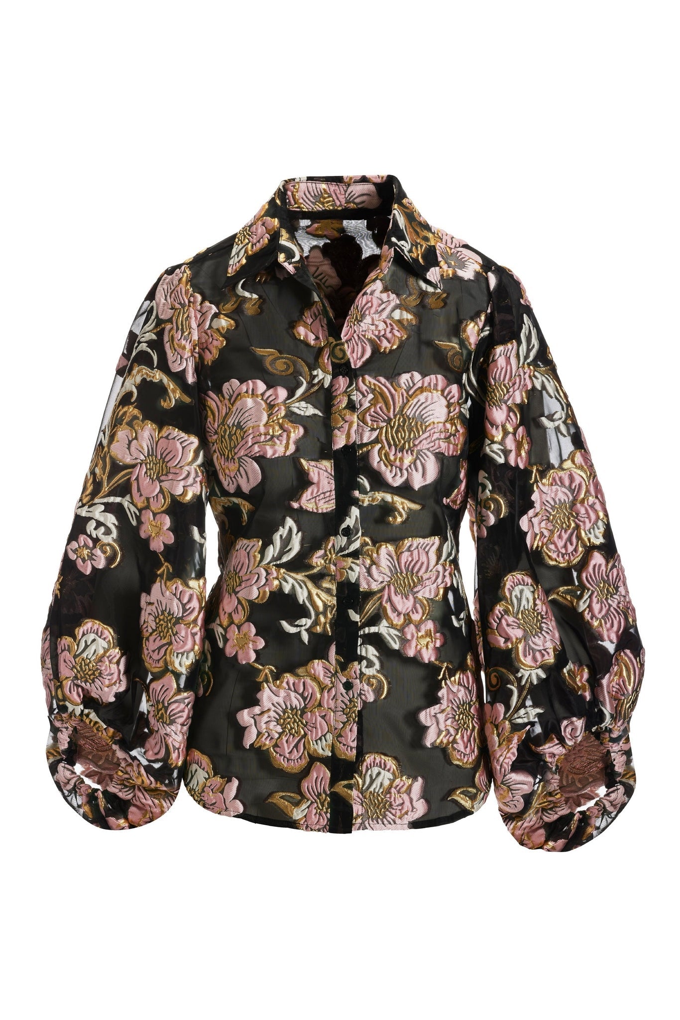 Foil Burnout Organza Balloon Sleeve Shirt Black Multi