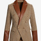 Faux Leather Trim Neutral Tweed Double Breasted Blazer Cognac Multi