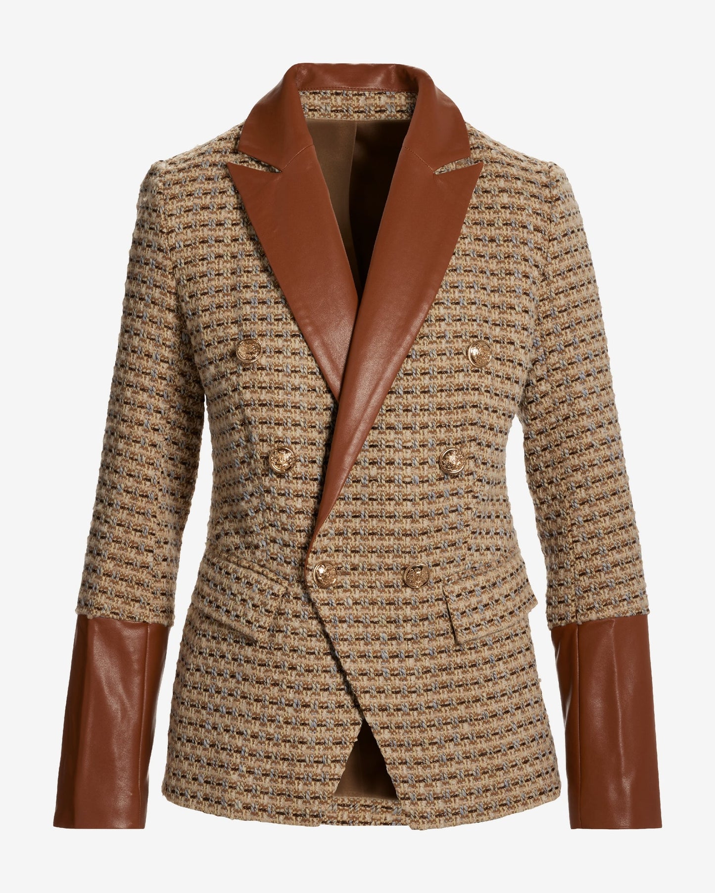Faux Leather Trim Neutral Tweed Double Breasted Blazer Cognac Multi