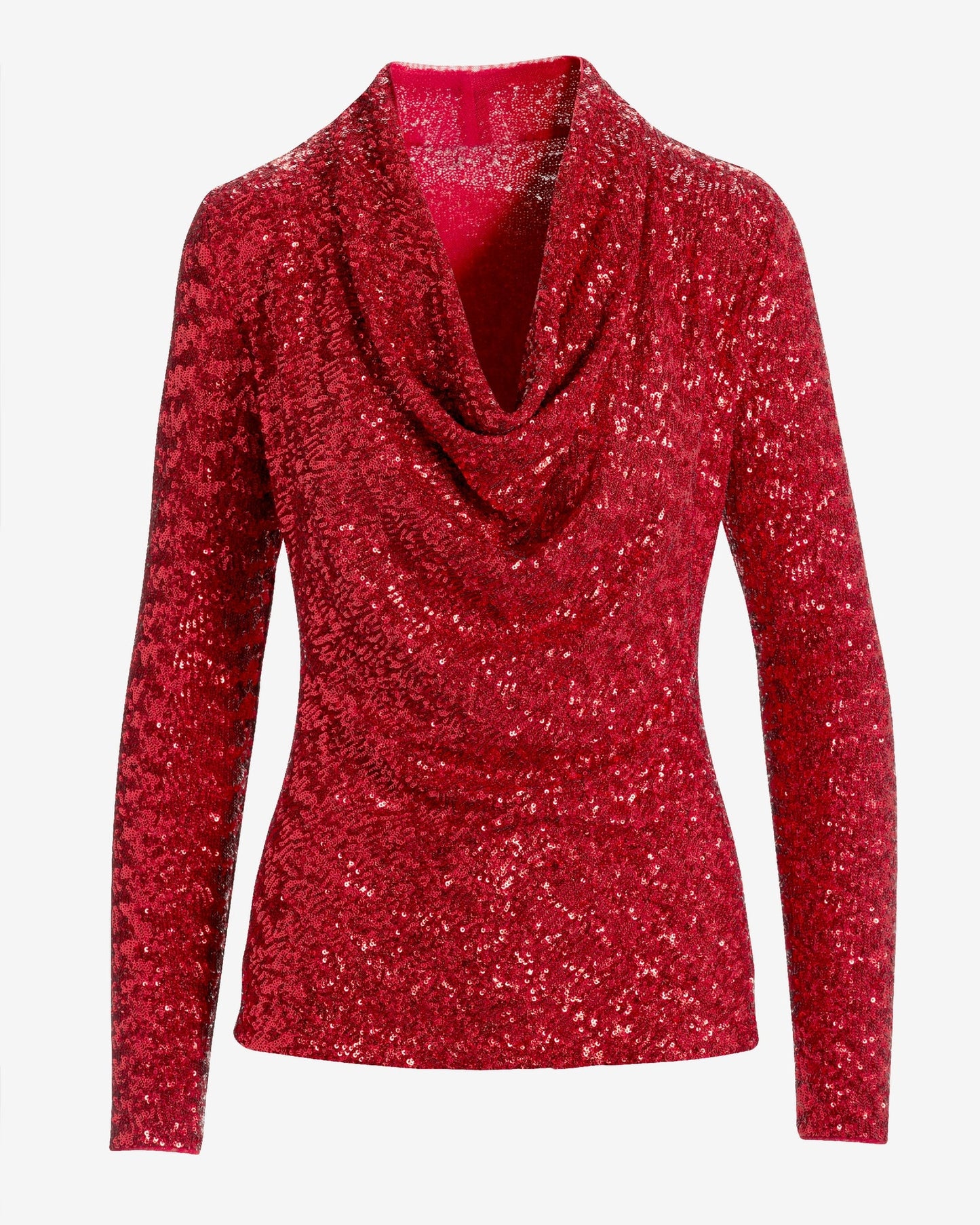 Sequin Cowl Neck Long Sleeve Knit Top Red
