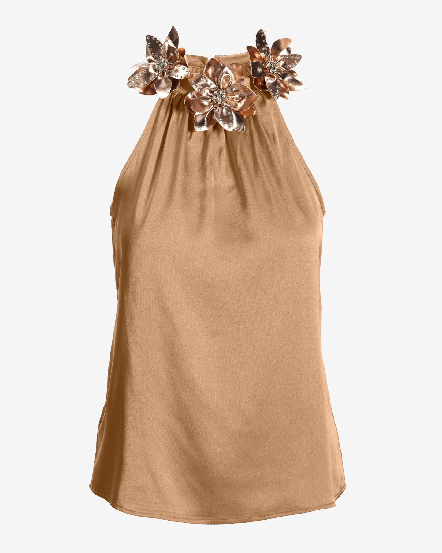 Faux Leather floral mock neck blouse Champagne