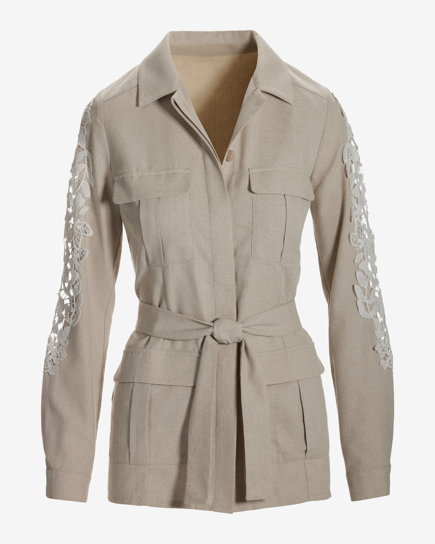 Lace Inset Linen Utility Jacket Tan