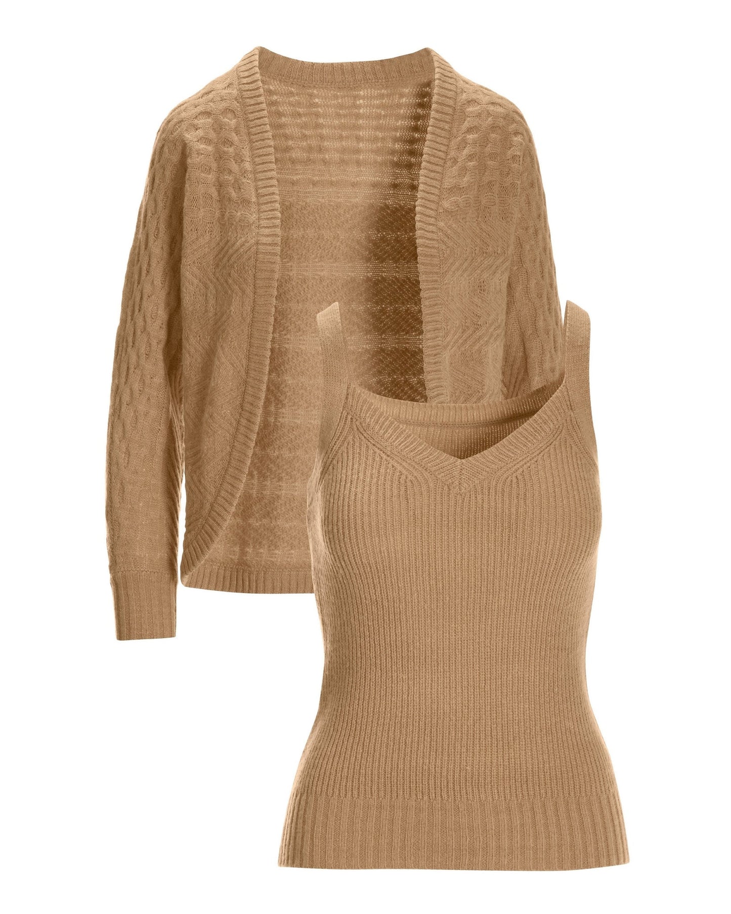 Cable Detail Cardigan and Cami Sweater Set Sesame