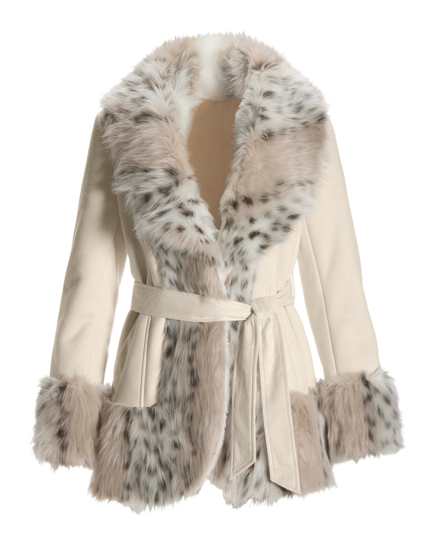 Leopard Print Faux Fur Trim Coat Ivory