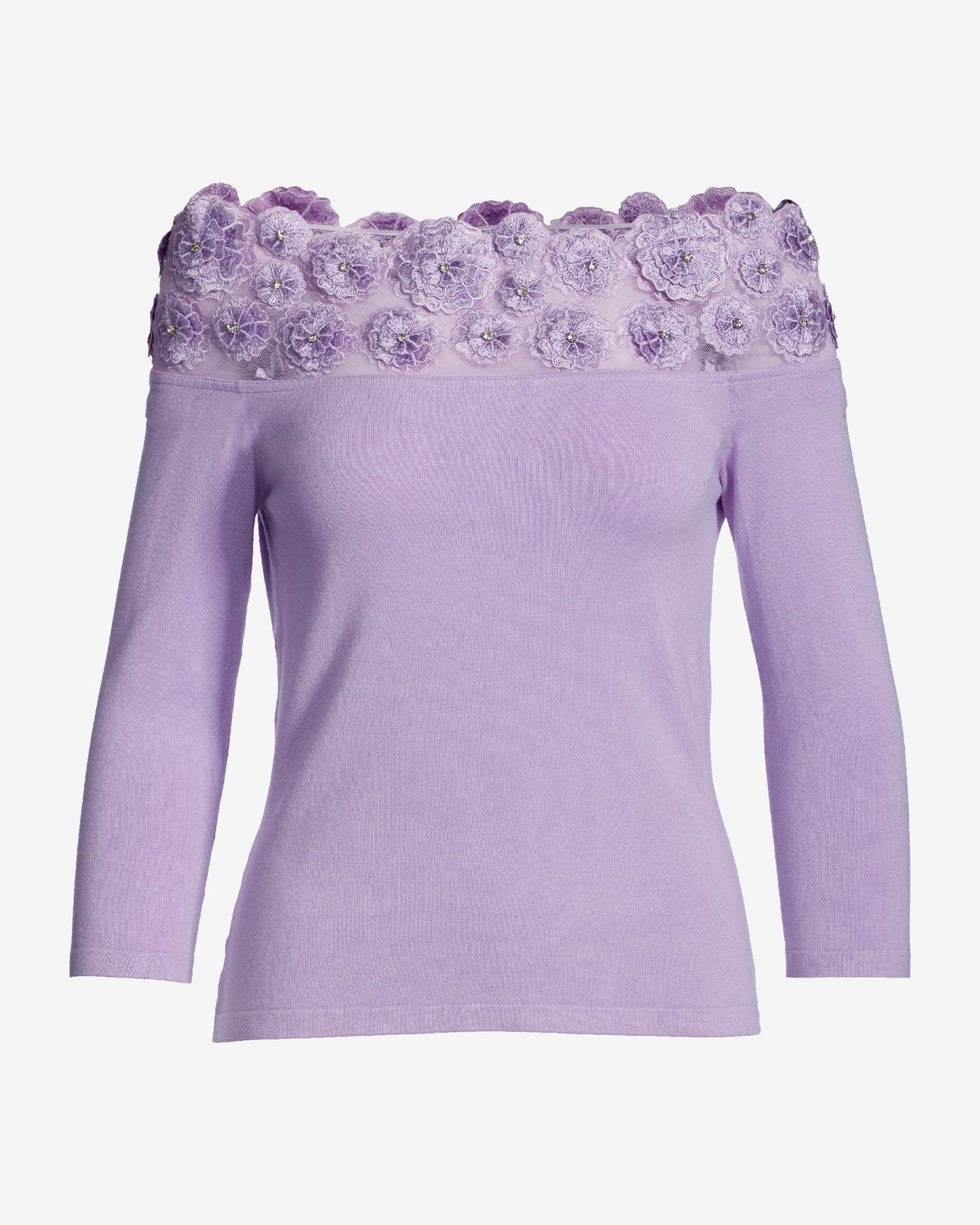 Floral Embellished Off the Shoulder Sweater Pastel Lilac