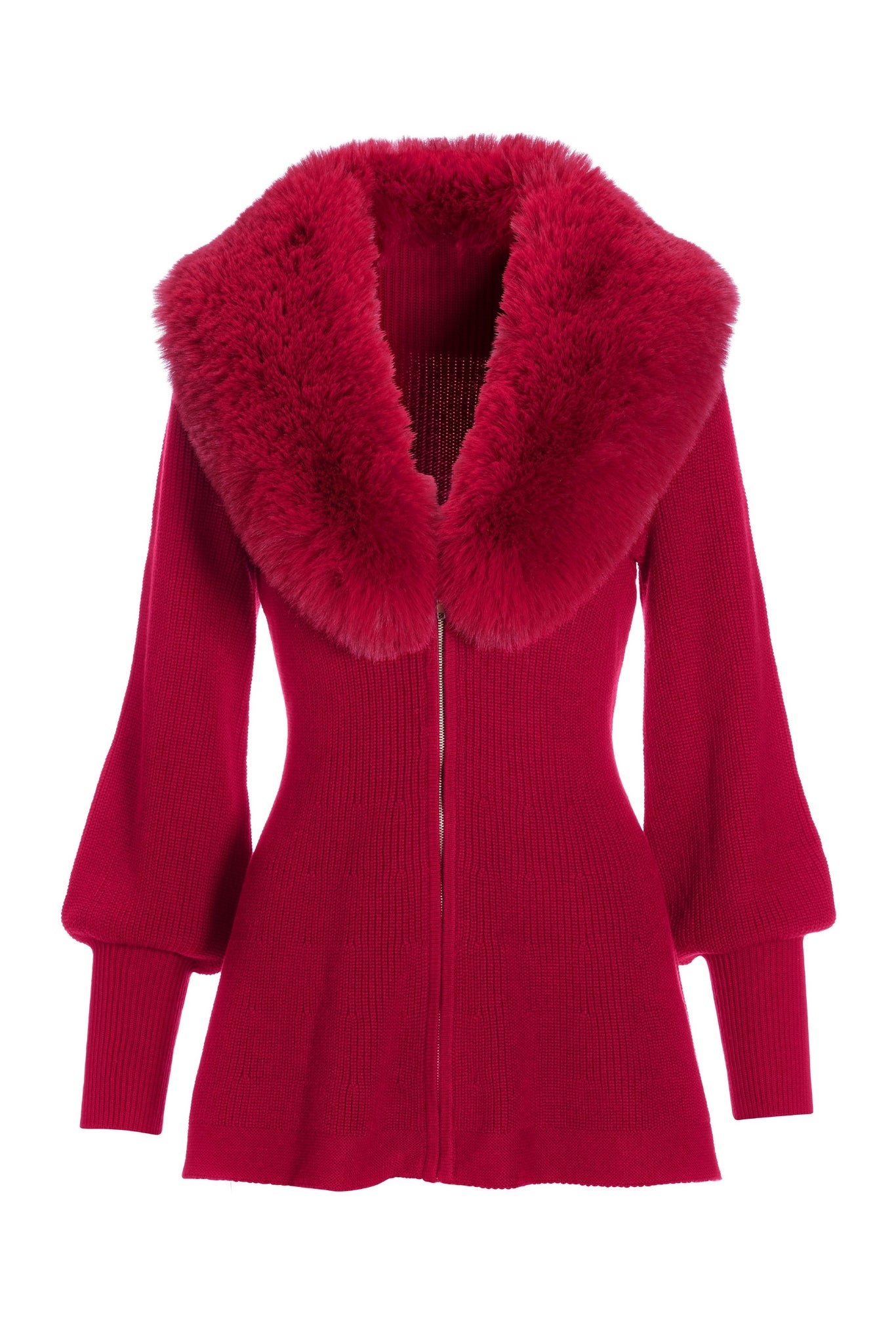 Faux Fur Balloon Sleeve A Line Zip Up Cardigan Jester Red