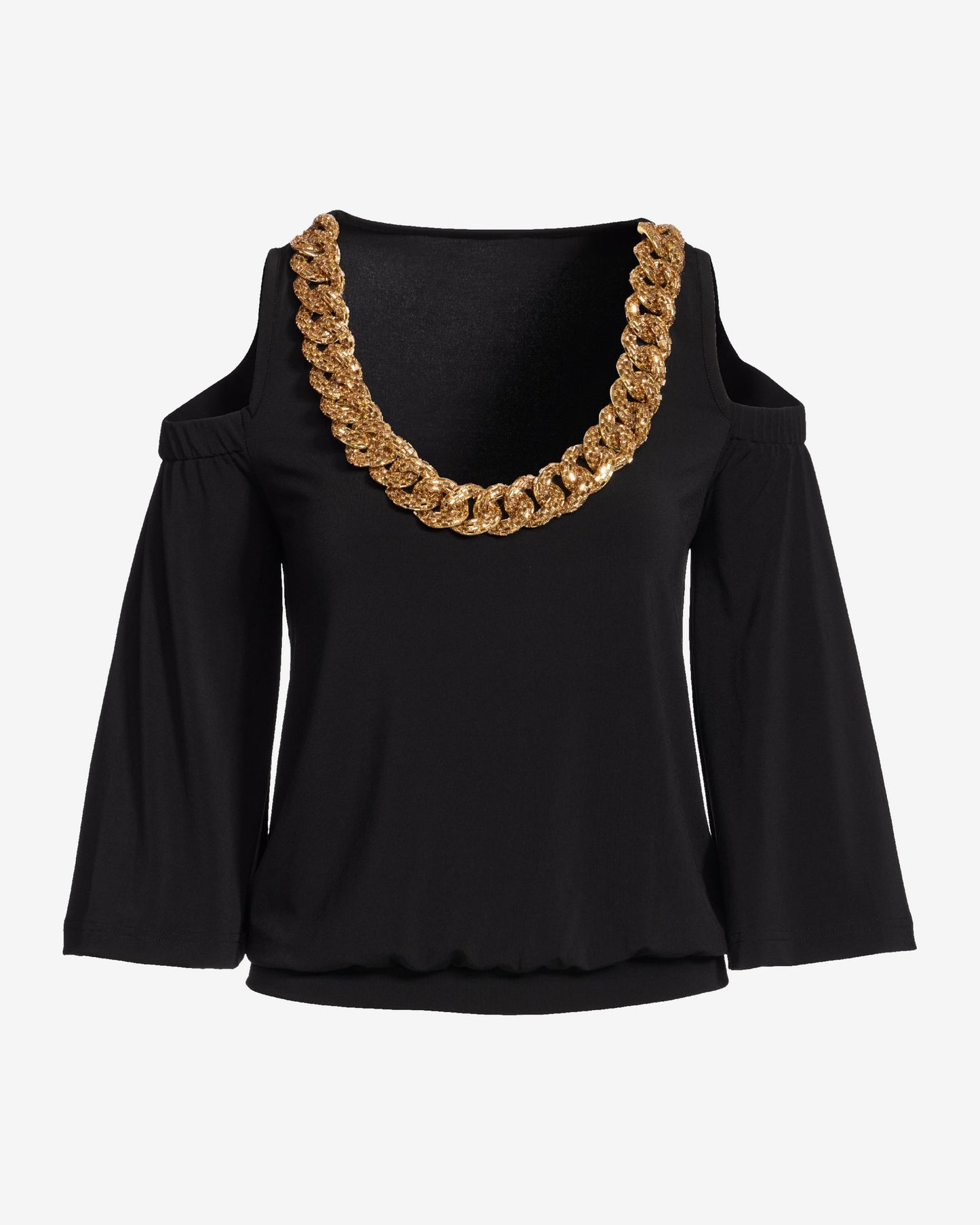 So Chic Cold Shoulder Heat Seal Chain Blouson Top Black