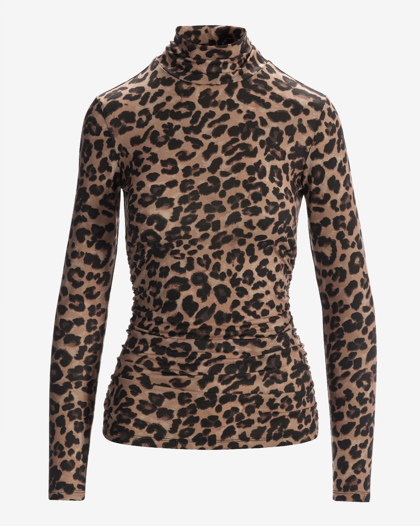 So Chic Winter Cheetah Ruched Turtleneck Top Brown