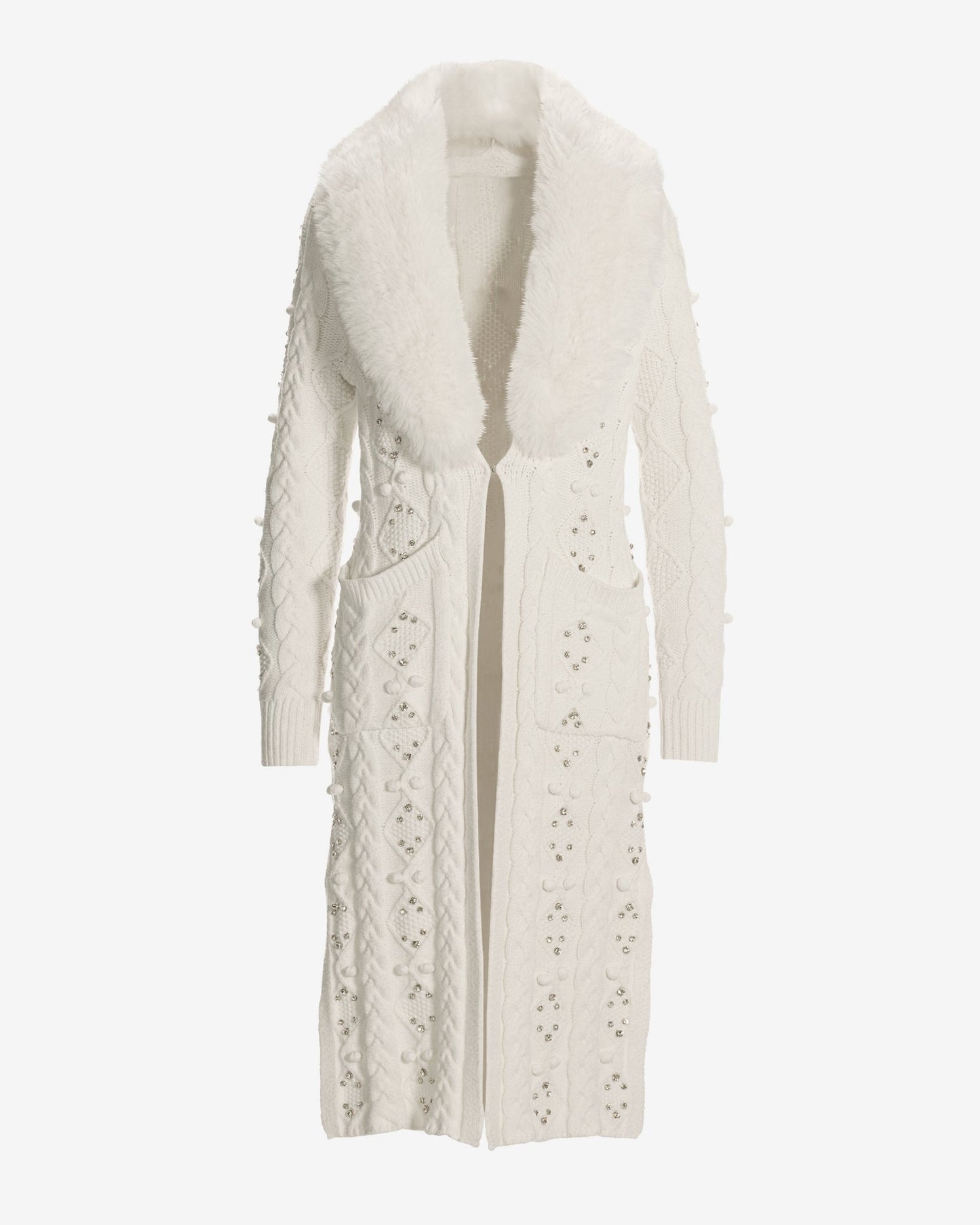 Faux Fur Embellished Cable Duster Off White