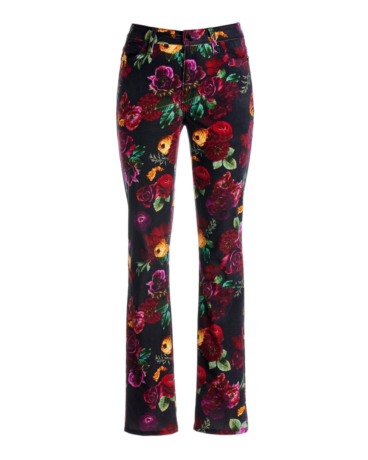 Newport Velvet Honeywine Floral Print Slim Straight Leg Pant Black Multi
