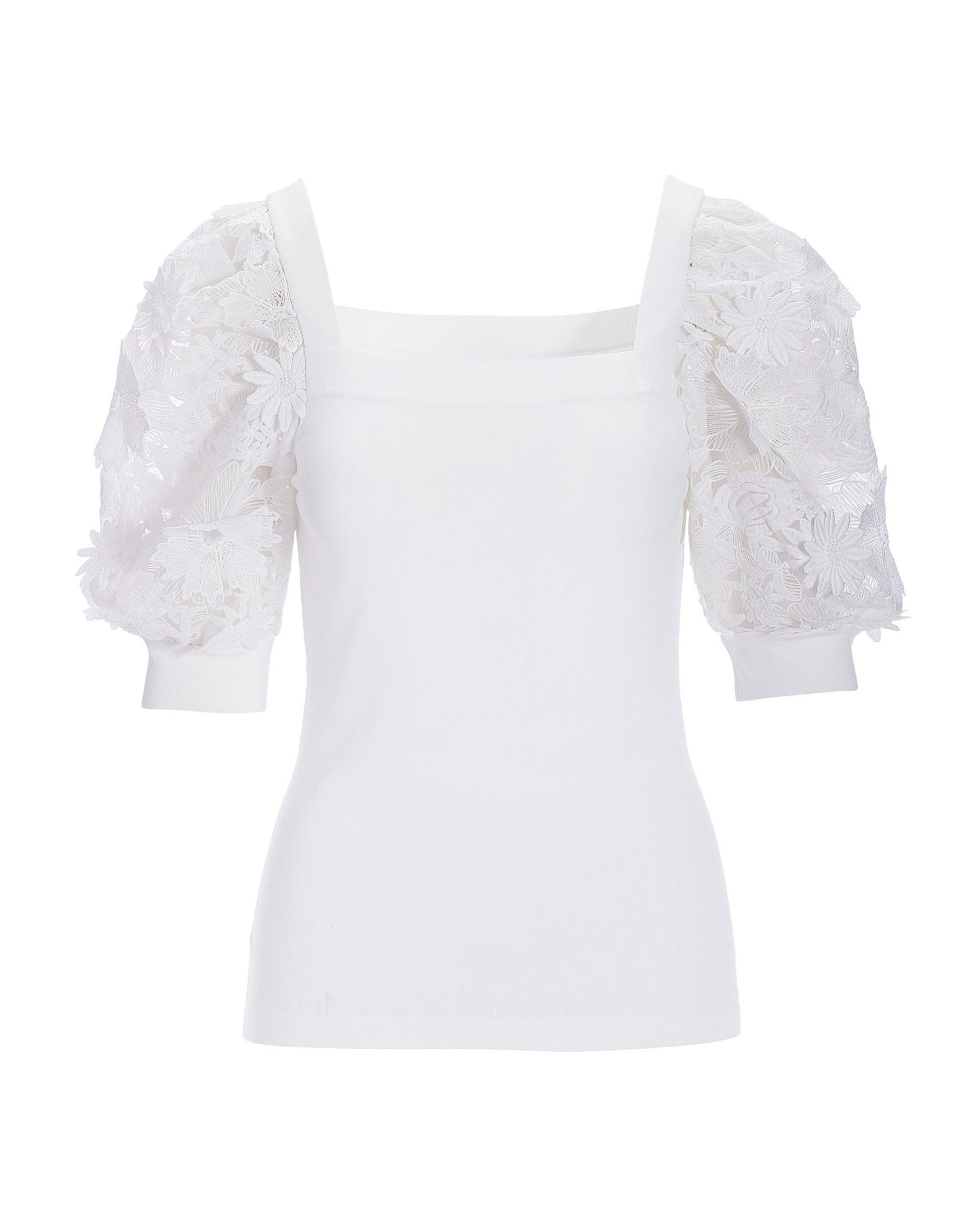 Floral Organza Sleeve Square Neck Sweater White