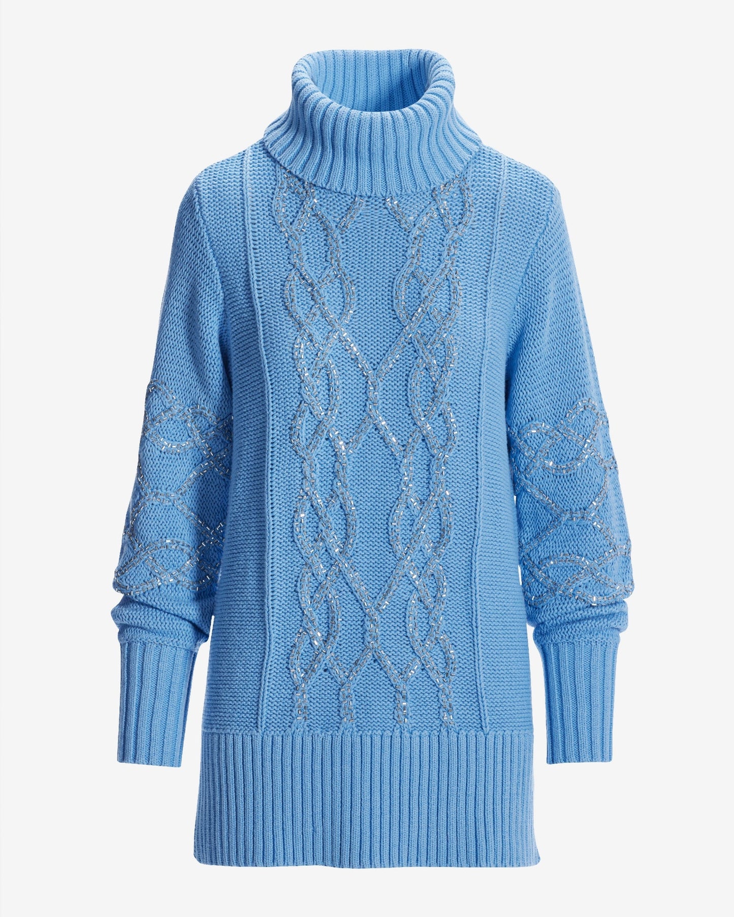 Embellished Cable Turtleneck Tunic Sweater Clear Blue Sky